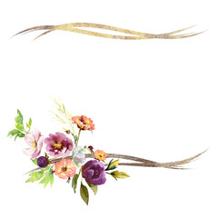 Wedding frame wreath bridal romanric rustic warm bouquet. Hand drawing watercolor pink and purple and orange flowers ornament
