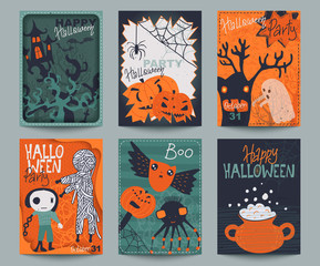 Fototapeta na wymiar Set of six Halloween posters or greeting card with cute holiday simbols,