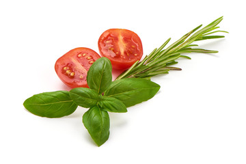 Fresh Green Basil Leaves with cherry tomatoes, isolated on white background