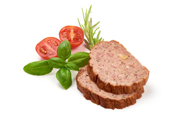 Baked meatloaf, minced meat roll, isolated on white background