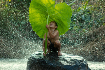 Asia children smile playing water with green leaves at the River. - obrazy, fototapety, plakaty