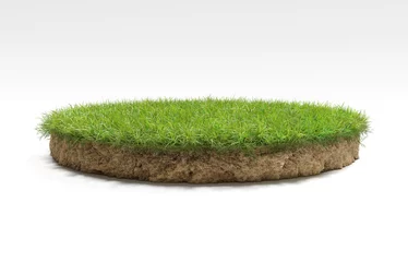 Fotobehang realistic 3D rendering circle cutaway terrain floor with rock isolated, 3D Illustration round soil ground cross section with earth land and green grass © LAYHONG