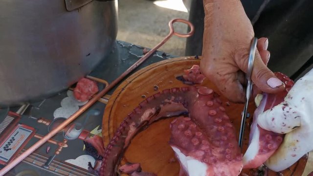  Cortando pulpo cocido en una gran olla para preparar pulpo a la gallega