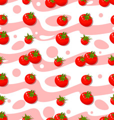 Seamless pattern with ripe red tomatoes isolated on a white background. Background of fresh tomatoes and tomato juice. Vegetarian food.