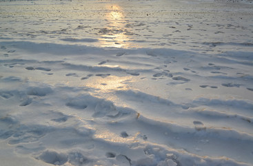 Solar path on snow surface with traces of people