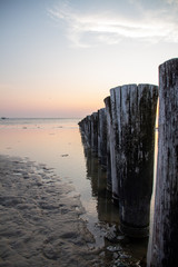 Wooden posts at the beach pictured at sunset