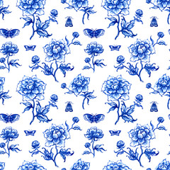 Seamless pattern of blue peonies and butterflies on a white background, watercolor print for fabric or painting for porcelain and other designs. - 288546121