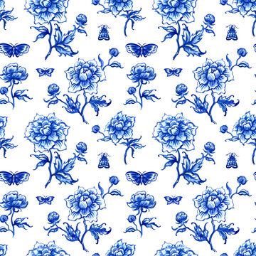 Seamless pattern of blue peonies and butterflies on a white background, watercolor print for fabric or painting for porcelain and other designs.
