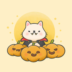 Cute cat wearing dracula costume with pumpkins