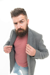 Stylish casual outfit. Bearded hipster stylish fashionable jacket. Man wear casual jacket....