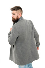 Menswear and fashion concept. Comfortable outfit. Man bearded hipster stylish fashionable jacket....