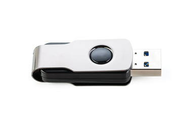Black and silver USB stick isolated on white background . USB Pen Drive or flash drive showing data concept on white background