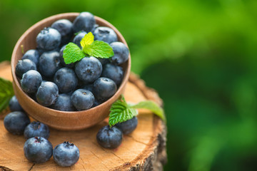 Fresh and natural blueberry with mint leaf on a stump green garden background