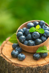 Fresh and natural blueberry with mint leaf on a stump green garden background