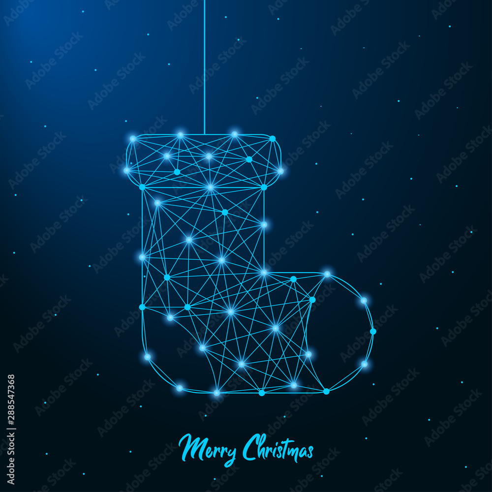 Poster merry christmas and new year design with low poly christmas sock. holiday card or banner made by poi
