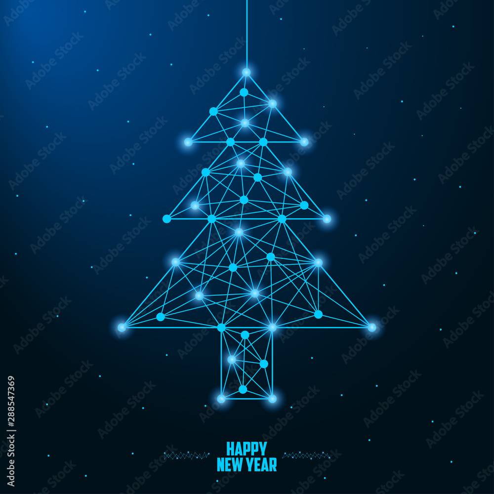 Poster merry christmas and new year design with low poly christmas tree. holiday card or banner made by poi