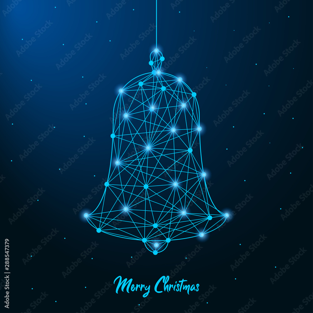 Poster merry christmas and new year design with low poly christmas bell. holiday card or banner made by poi