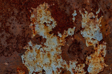 Rusty metal surface. Spot of paint. Texture with different scratches and lines. Main part of surface covered rust. Background for text and design