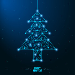 Merry Christmas and New Year design with low poly Christmas tree. Holiday card or banner made by points and lines, polygonal wireframe mesh. Vector illustration.