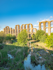 Panoramic view of the famous aqueduct called Los Milagros, located in M&eacute;rida, capital of the ancient Lusitania in Roman times