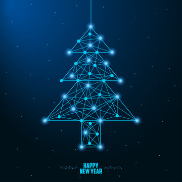 Merry Christmas and New Year design with low poly Christmas tree. Holiday card or banner made by points and lines, polygonal wireframe mesh. Vector illustration.