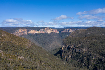 An aerial photograph of a valley in The Blue Mountains in New South Wales, Australia