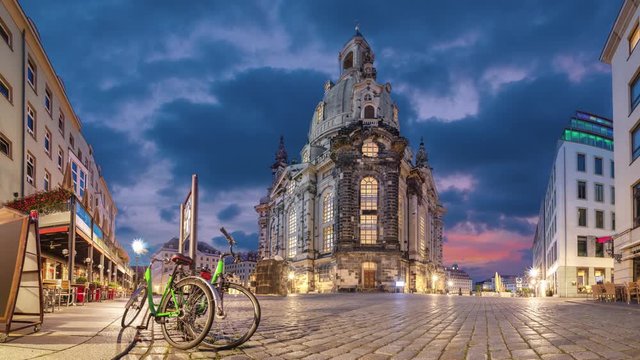 Dresden, Germany. Frauenkirche - baroque church and Neumarkt square (static image with animated sky)