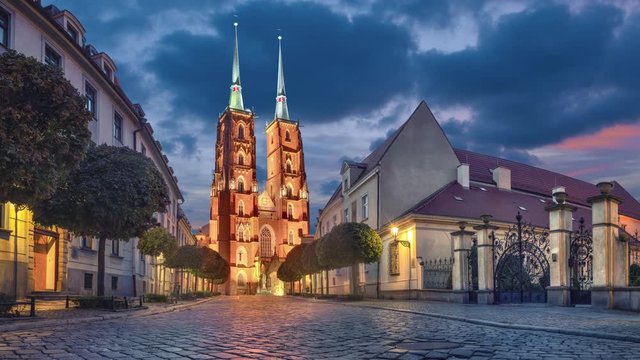 Wroclaw, Poland. View of Cathedral of St. John the Baptist at dusk  (static image with animated sky)