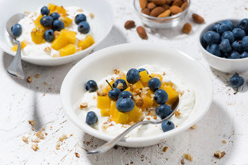 Greek yogurt with mango and blueberries on white background