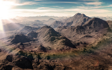 Fototapeta na wymiar Panorama of high peaks, top of the mountain at sunset.