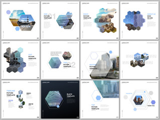 Minimal brochure templates with colorful hexagons, hexagonal shapes. Covers design templates for square flyer, brochure, presentation, social media advertising, online seminar, digital education.