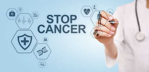 Stop cancer medical healthcare concept on virtual screen.