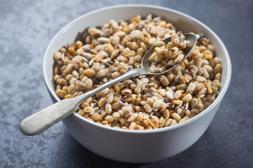 Rustic crispy granola in bowl with seeds and wheat on a stone table