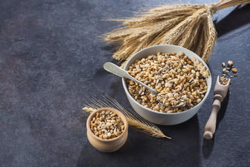 Rustic crispy granola in bowl with seeds and wheat on a stone table