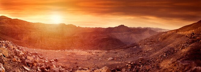 Panoramic view of Jebel Jais mountain in Ras Al Khaimah. Sunrise in the tallest mountain in United Arab Emirates.