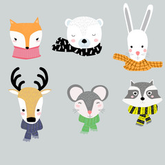 Vector Cute Animal Set. Doodle Cartoon Scandinavian Wild Animals. Scandinavian Nursery Print or Poster Design for Kids, Greeting Card, Baby dishes and clothes.