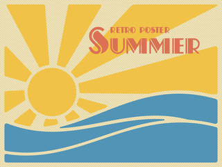 Summer retro poster. Sun over the sea waves. 