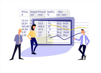 Equity Research concept. Teamwork on stock market. Sales managers, analysts. Hand drawn people, table, graph