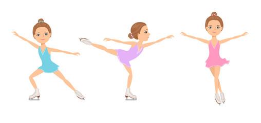 Female Figure Skater set.  Girl skates on ice in different poses isolated on white background. Vector sport illustration in cartoon simple flat style.