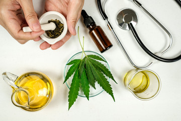 cbd thc oil medical treatment in doctor laboratory. natural medicine on clinical research .