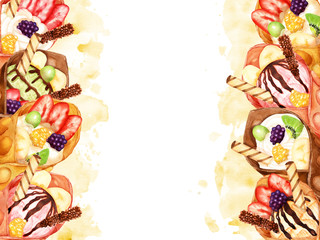 Watercolor horizontal background with bright sweet bubble waffles on brown paint splashes