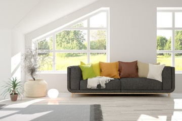 Stylish room in white color with sofa and summer landscape in window. Scandinavian interior design. 3D illustration