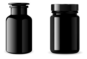 Black supplement bottle. Glossy Medicine jar mockup. 3d vector packaging for tablet, vitamin. Pill container isolated on white background. Medical glass flask for bath sea salt. Beauty product design
