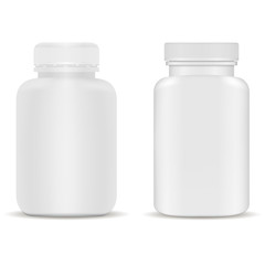 Supplement bottle. Plastic capsule jar for vitamin. White medical packaging template. Realistic remedy package with cap. Pharmaceutical container for aspirin medicament. Empty can without logo