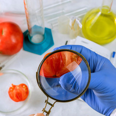Close up of male scientist hands with magnifier making test in lab. Nearby lies a notebook for notes.