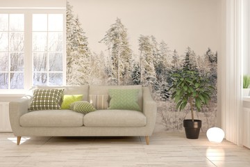 Stylish room in white color with sofa and winter landscape in window. Scandinavian interior design. 3D illustration