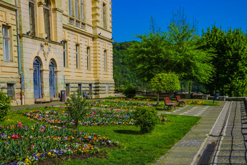 Sighisoara, Romania, May 12, 2019: A picturesque place near Sighisoara City Hall. From this place a beautiful view of the city opens. A popular place for tourists and a place for sunsets.