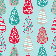 Holiday Pears vector seamless pattern. Christmas pears in red and aqua designs.