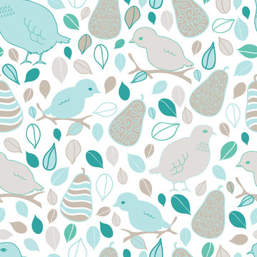 Partridge and Pears vector seamless pattern. Fun pattern with hand drawn mama and baby birds, pears and leaves.