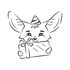 Black and white illustration of cute fennec fox in a party hat with gift box. Amusing kawaii cartoon character. Birthday party, family occasion illustration. Funny emotion and face expression